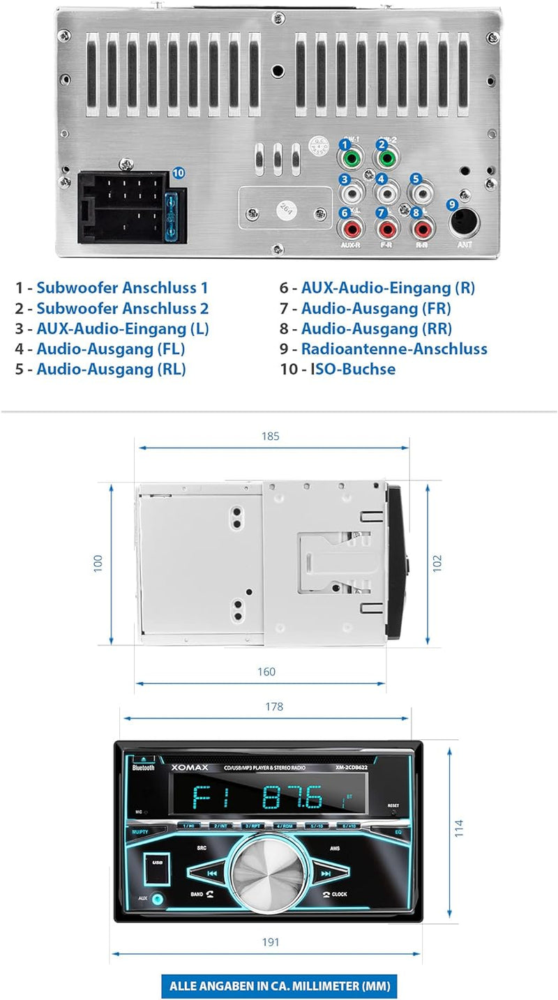 XOMAX XM-2CDB622 Autoradio mit CD-Player, Bluetooth, RDS Radio Tuner, 7 Farben einstellbar (Rot, Bla