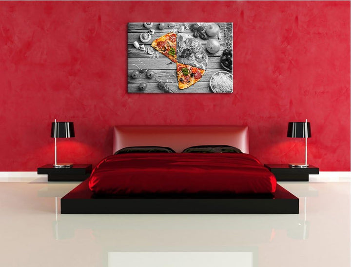 köstliche Pizza auf Holztisch schwarz/weiss Format: 100x70 auf Leinwand, XXL riesige Bilder fertig g