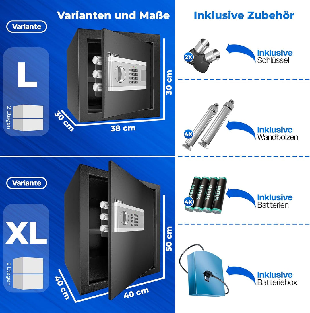 KESSER® Elektronischer Tresor | 35x25x25cm | Inkl. Batteriebox | Elektronischer Safe | 3x Doppelbolz