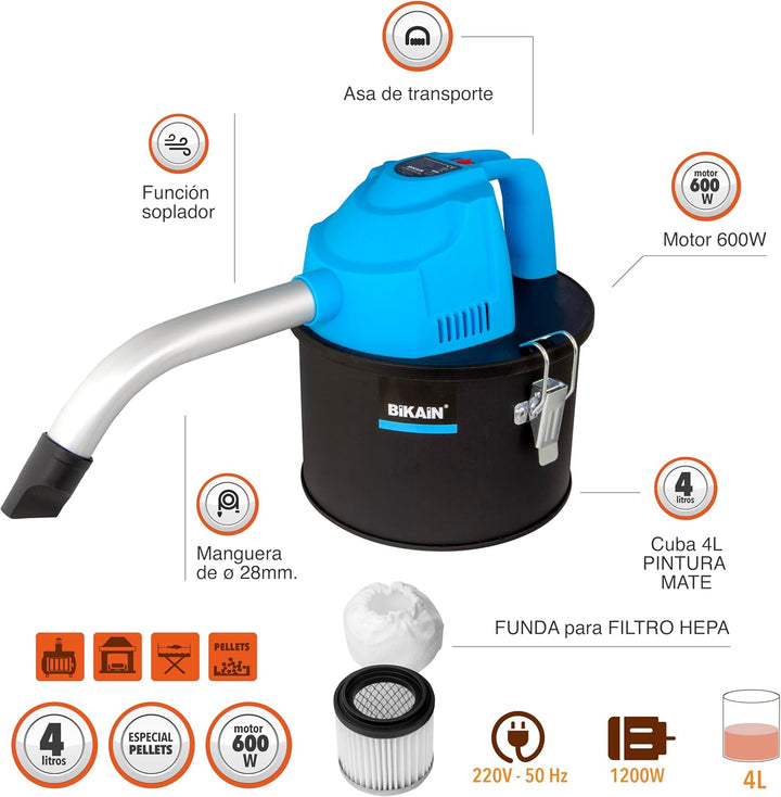 Aschesauger Pelletofen - Modell DI600P - 600 Watt Motorleistung - 4 Liter Fassungsvermögen - HEPA-Fi