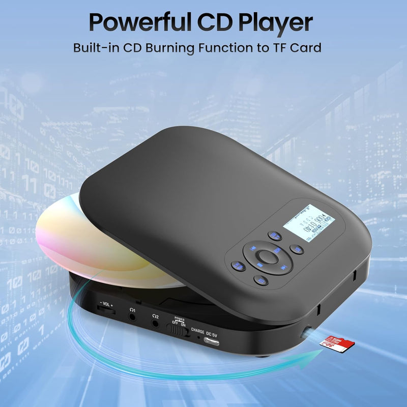 Tragbarer CD Player mit Bluetooth, NEU Wiederaufladbar Discman CD Player für Auto mit FM, Zwei Stere