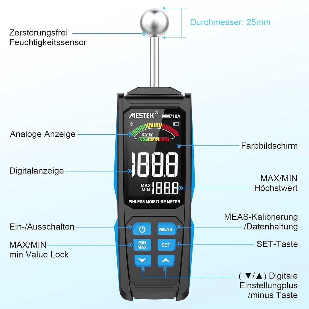 Feuchtigkeitsmessgerät MESTEK Feuchtemessgerät Feuchtigkeitsmesser mit HD-Farb-Grossbild Akustischem
