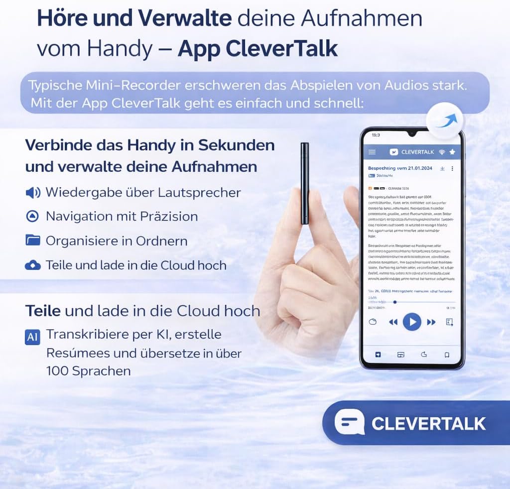 CleverTalk Q1 KI-Sprachrekorder | Sprachaktiviert | Mobile App, Mac, Windows und Web | Europäische C