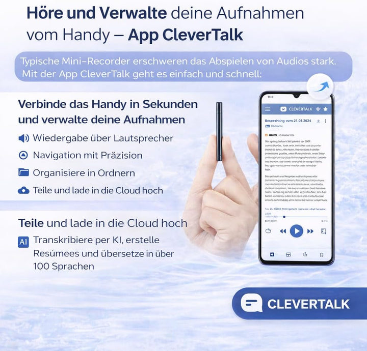 CleverTalk Q1 KI-Sprachrekorder | Sprachaktiviert | Mobile App, Mac, Windows und Web | Europäische C