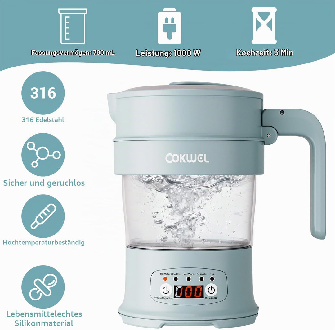 Wasserkocher Faltbar, 0.7L 1000W Klappbarer Tragbarer Mini Elektrischer Wasserkessel, Elektrisch Cam