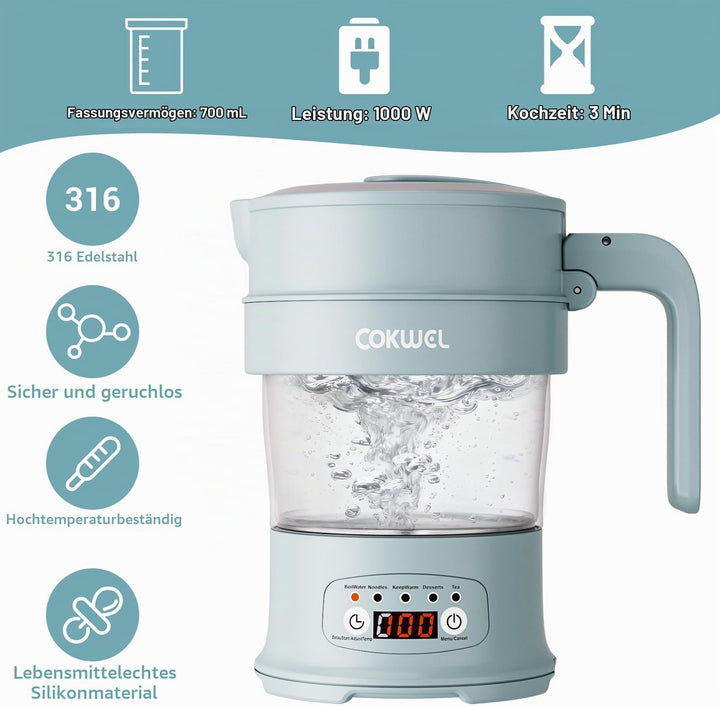Wasserkocher Faltbar, 0.7L 1000W Klappbarer Tragbarer Mini Elektrischer Wasserkessel, Elektrisch Cam