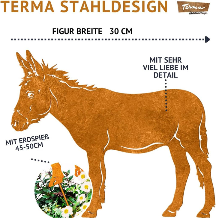 Gartenstecker Esel aus Metall – Rostfigur 45 cm hoch, 30 cm breit – Wetterfeste Edelrost Gartendeko