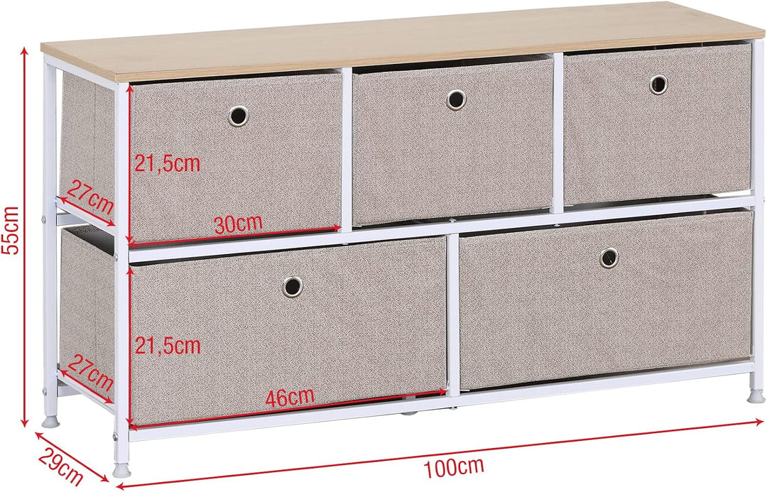 Rebecca Mobili Stoffkommode mit 5 Schubladen, niedrige Schubladen, weiss-beige, Metallrahmen, für Ba