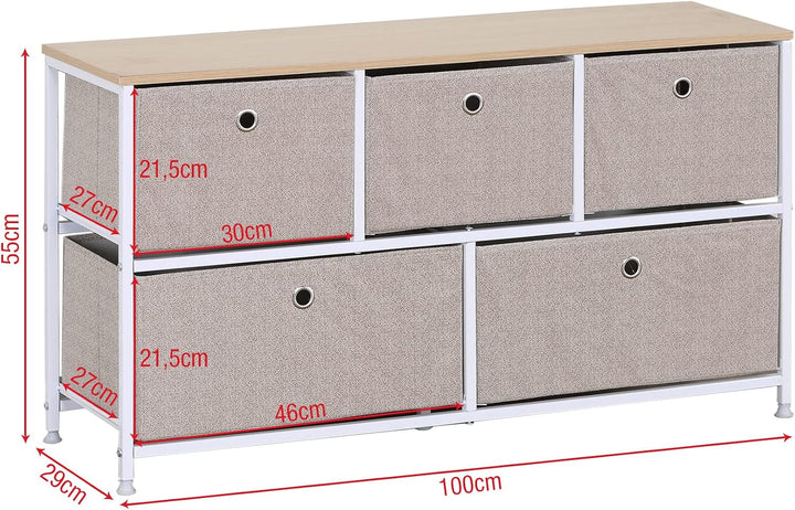 Rebecca Mobili Stoffkommode mit 5 Schubladen, niedrige Schubladen, weiss-beige, Metallrahmen, für Ba