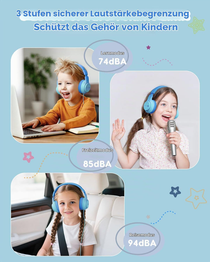 Kinder Kopfhörer, 74/85/94dB Sichere Lautstärke Kopfhörer Kinder mit Kabel, Stereo Sound, Faltbare,