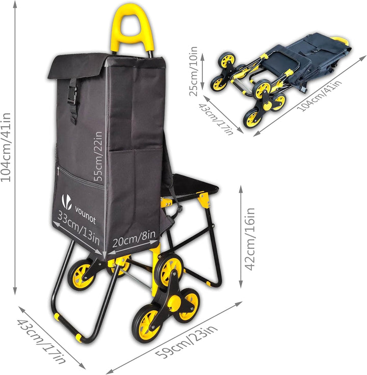 VOUNOT Einkaufstrolley Treppensteiger mit Kühlfach und Klappsitz, Einkaufswagen Klappbar mit 3 Räder