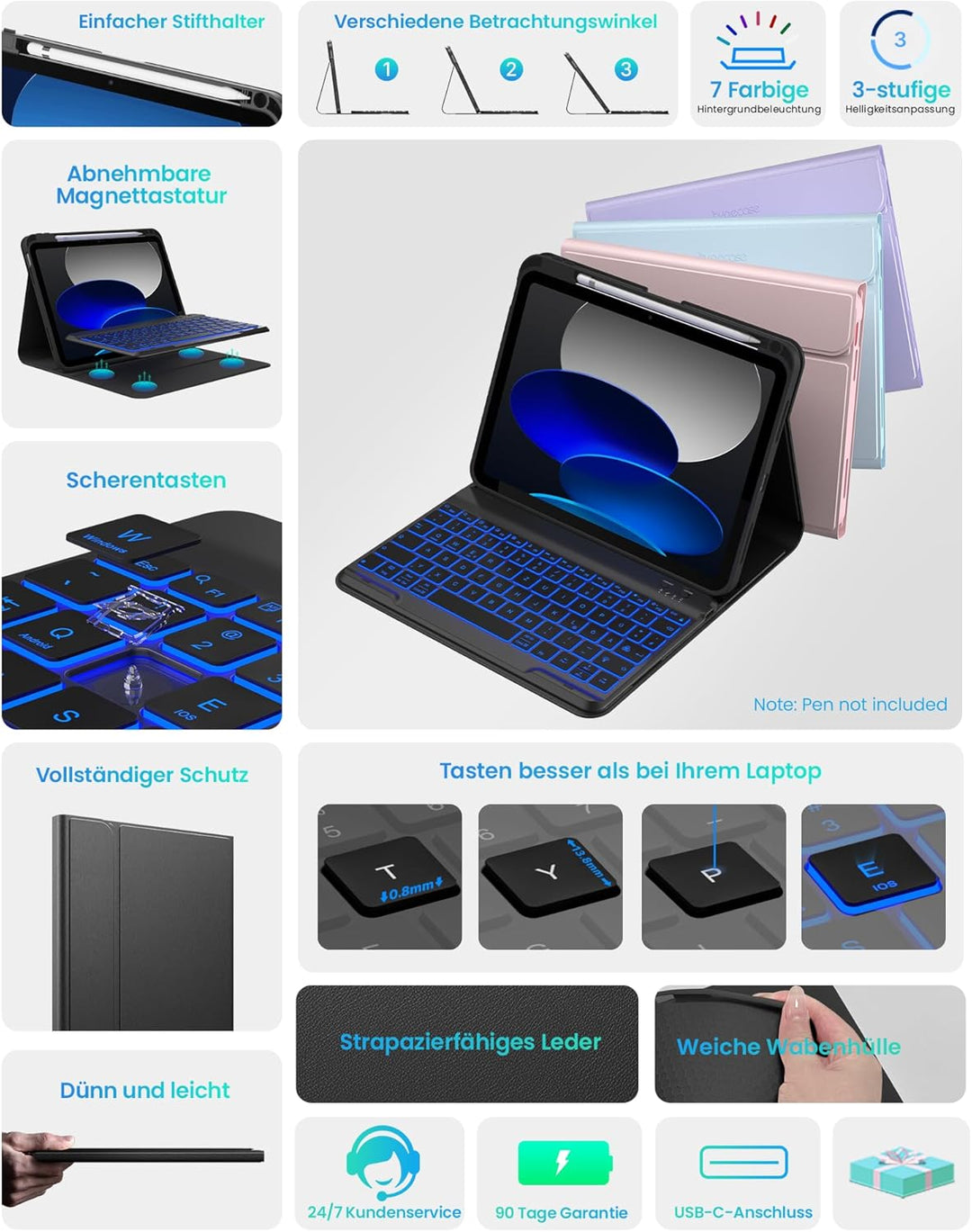 typecase Hülle mit Tastatur für iPad A16 11/10 Generation((2025/2022, 11/10.9 Zoll),7-farbige Beleuc