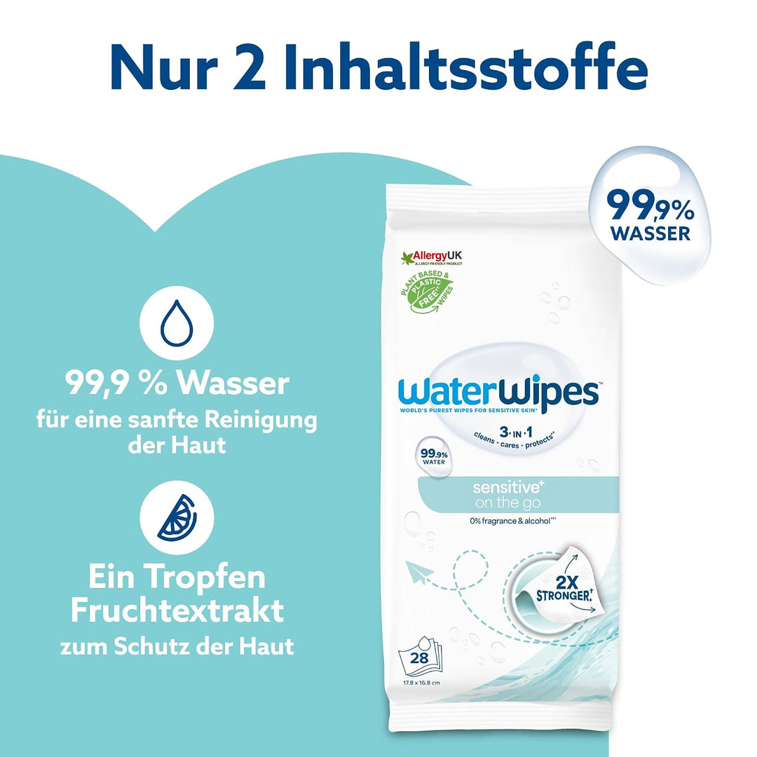 WaterWipes Sensitive+ On The Go Wipes, Unterwegs-Tücher, 224 Stück (8 Packungen), 3-in-1 reinigt, pf