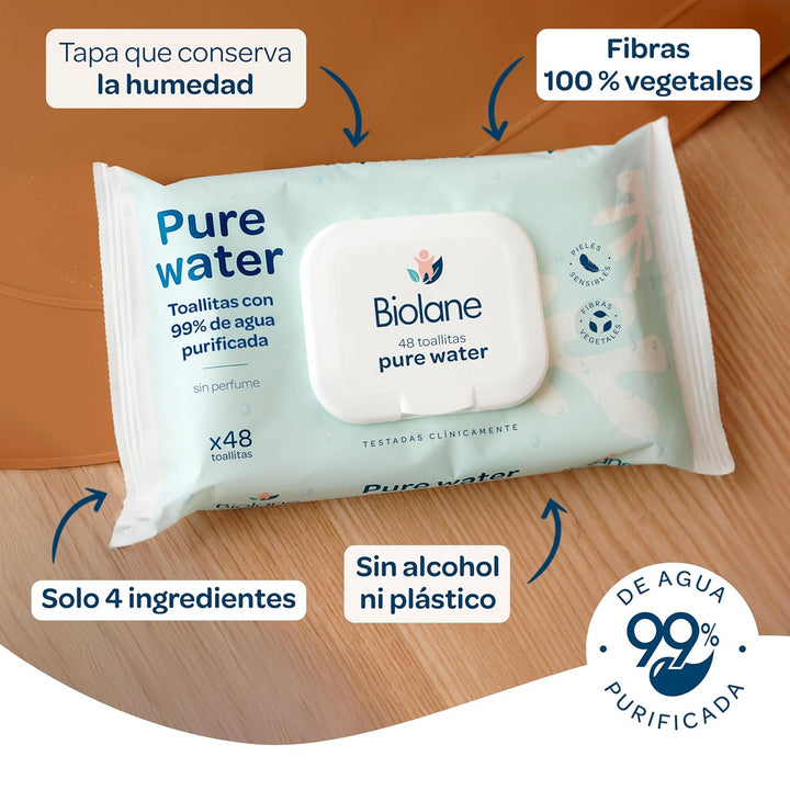 Biolane Reinwasser-Tücher, 384 Tücher (8 Packungen mit 48 Stück), 99% gereinigtes Wasser, nur 4 Zuta