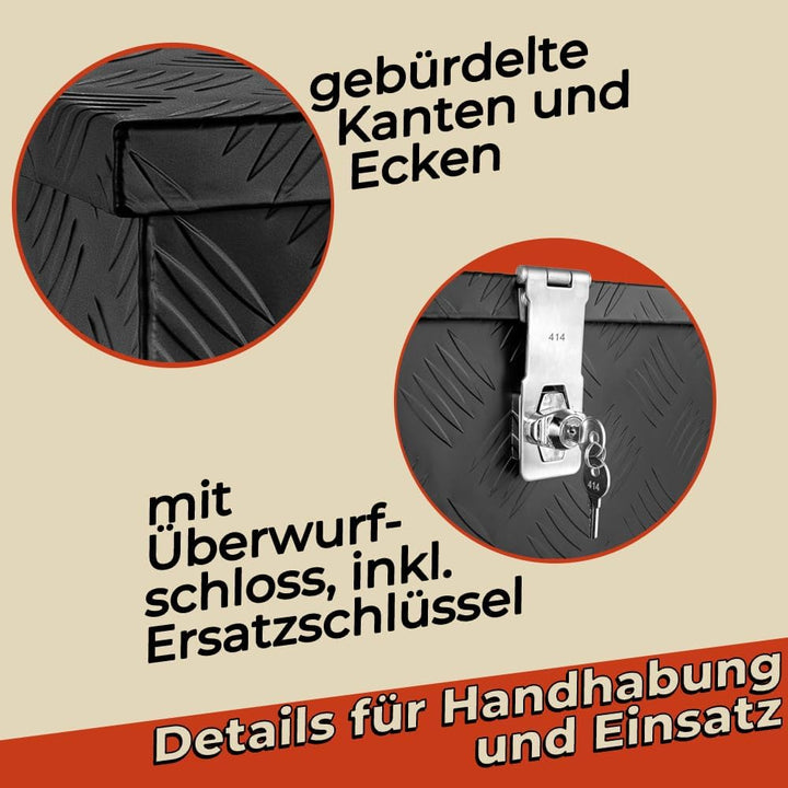 Trucky Truckbox Deichselbox aus Aluminium, in Schwarz, Abschliessbar, Robustes Riffelblech, Für Werk