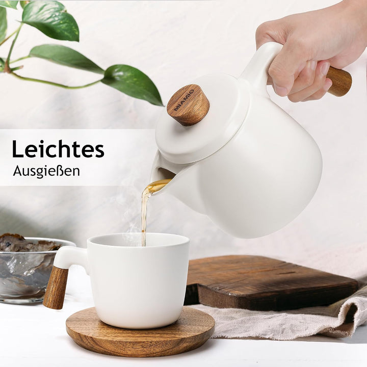 MIAMIO - Teeservice mit Teekanne Keramik (1 l) mit Stövchen (Weiss) | Teeset Teekanne &amp; Stövchen, Te
