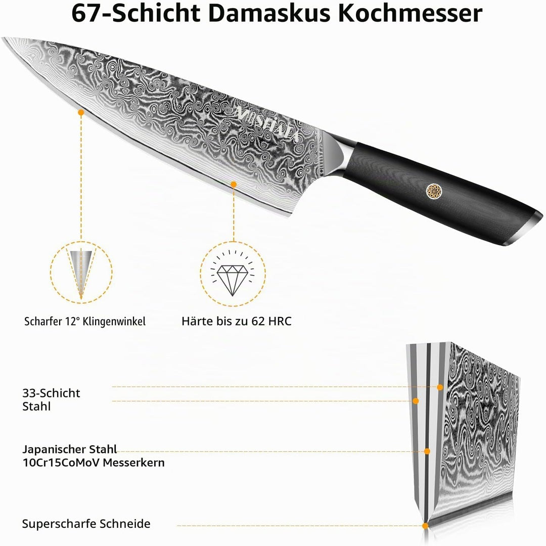 MOSFiATA Damastmesser 8 Zoll, Küchenmesser Damaststahl Kochmesser Damast Scharf Chef Knife Profi Fle