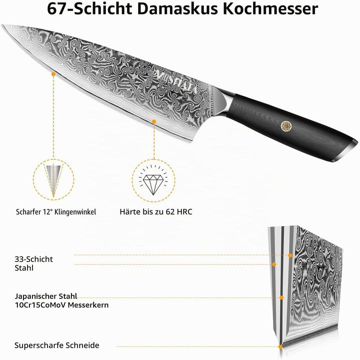 MOSFiATA Damastmesser 8 Zoll, Küchenmesser Damaststahl Kochmesser Damast Scharf Chef Knife Profi Fle