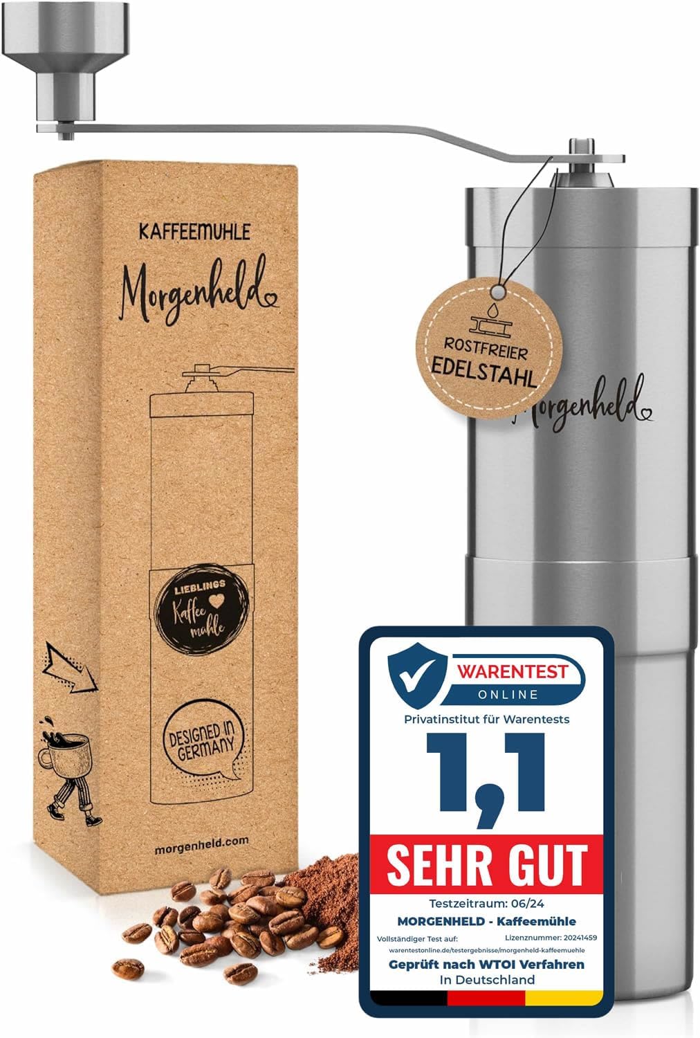Morgenheld Kaffeemühle Edelstahl manuell stufenloses Keramikmahlwerk mechanische Hand Kaffee Mühle K