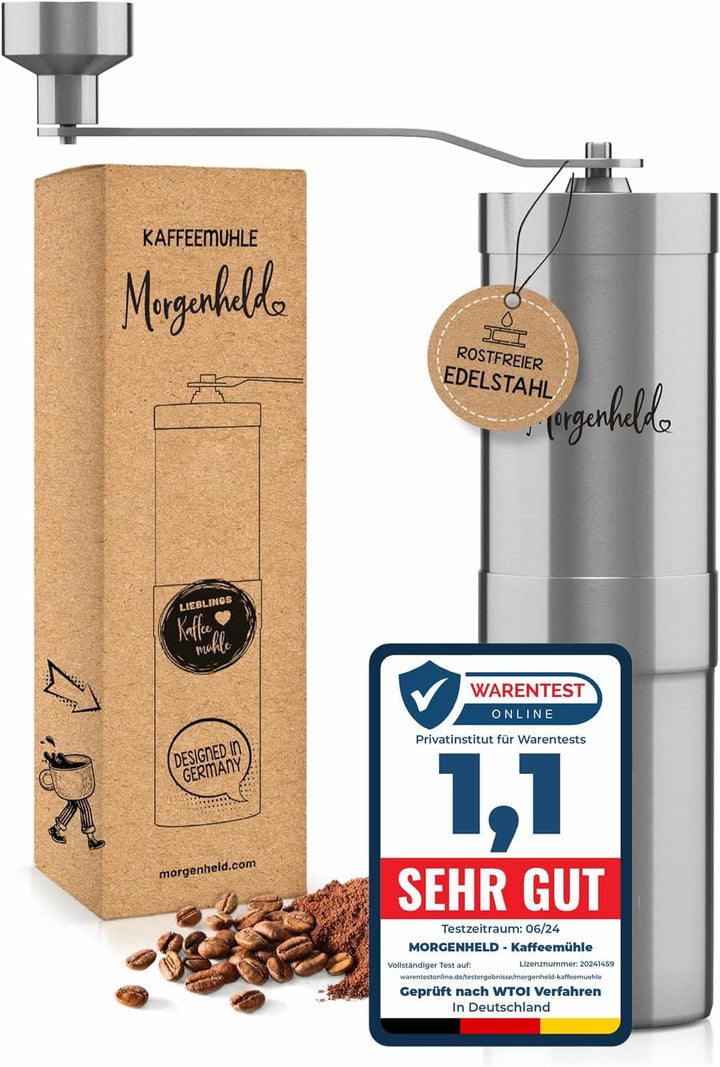 Morgenheld Kaffeemühle Edelstahl manuell stufenloses Keramikmahlwerk mechanische Hand Kaffee Mühle K