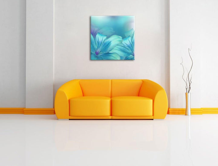Pixxprint türkise Lilien, Format: 70x70 auf Leinwand, XXL riesige Bilder fertig gerahmt mit Keilrahm