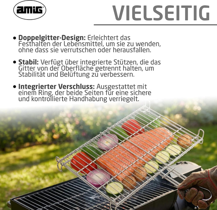 Amig - Grill für Barbecue - 65 x 40 cm - Hergestellt aus korrosionsbeständigem Stahl - Gleichmässige