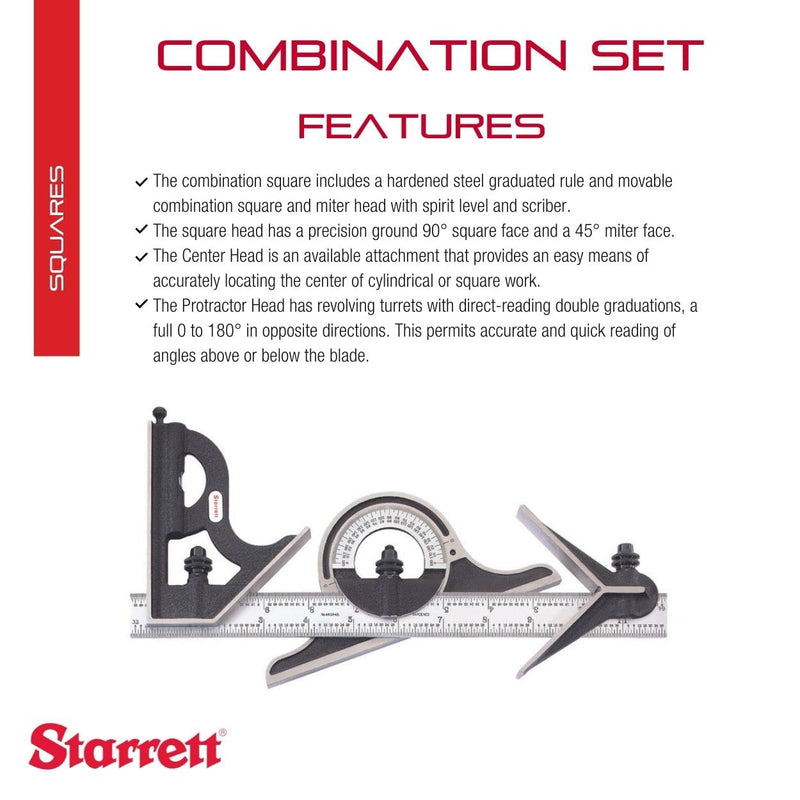 Starrett C9-12-4R Kombi-Set, mit Gusseisenköpfen, Zentrier-, Vierkant- und Winkelmesserköpfen, schwa