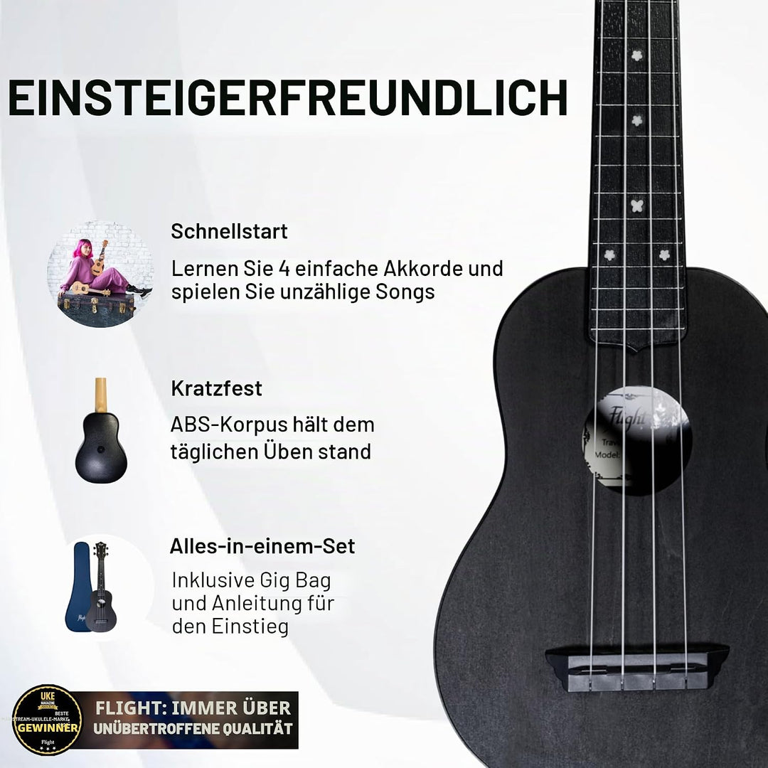 Flight, 4-saitige Travel Series Sopran-Ukulele, schwarz (TUS-35 BK), Schwarz