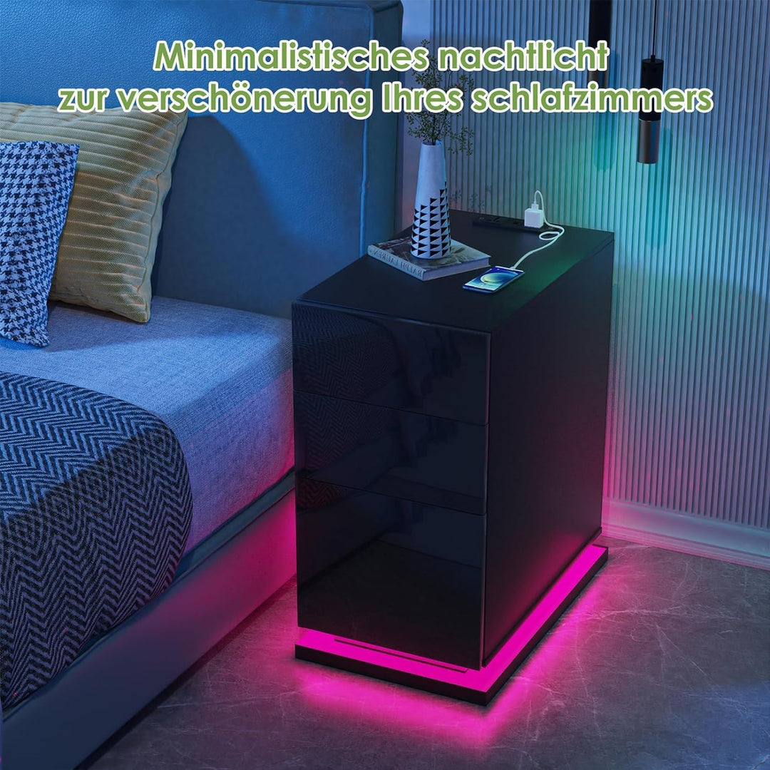 PIPIPOXER Nachttisch mit LED, Nachttisch Schwarz mit 3 Schubladen, Nachtschrank Schwarz Hochglanz Na