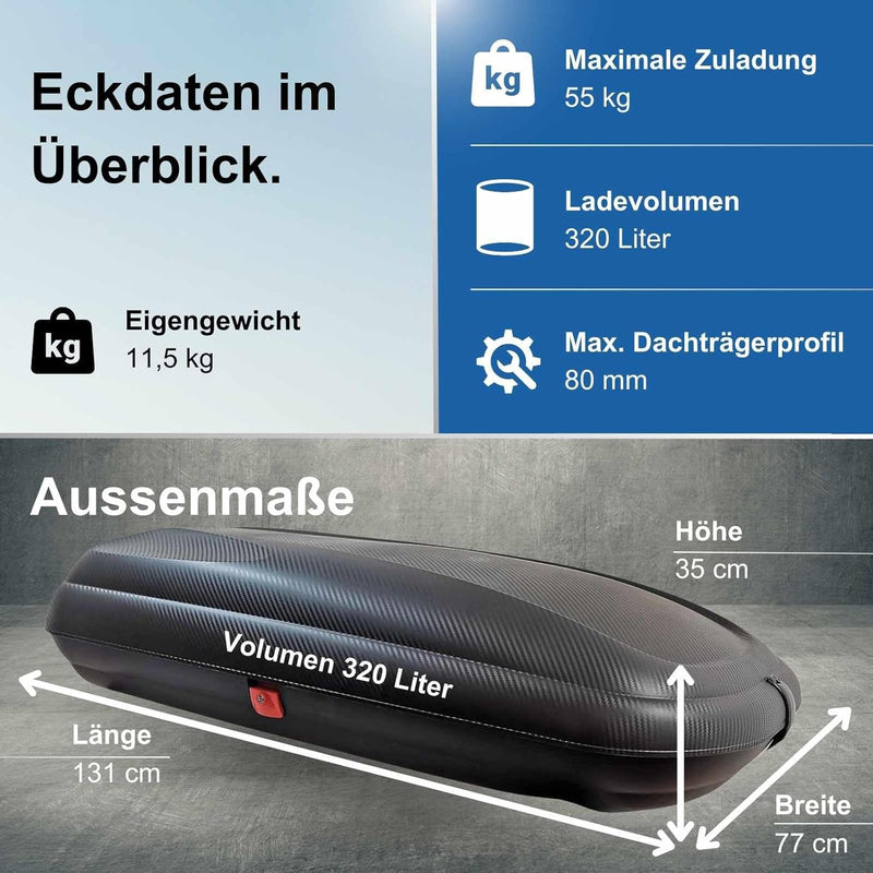 Dachbox BA320 carbonlook + Relingträger CRV107A kompatibel mit Volvo XC60 5 Türer ab 2008