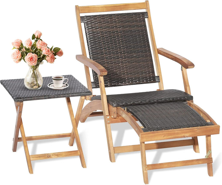 GIANTEX 2 in 1 Sonnenliege Rattan, Holz Liegestuhl Klappbar, Holzliegen Outdoor mit Beistelltisch, A