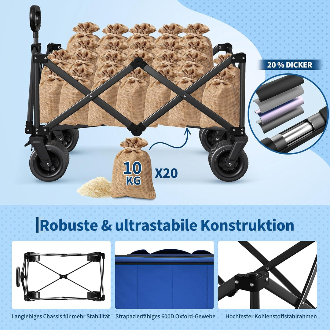 GarveeLife XXL Bollerwagen Faltbar, 200kg Belastbar &amp; 200L Volumen, Handwagen mit Bremsen &amp; 20cm Off