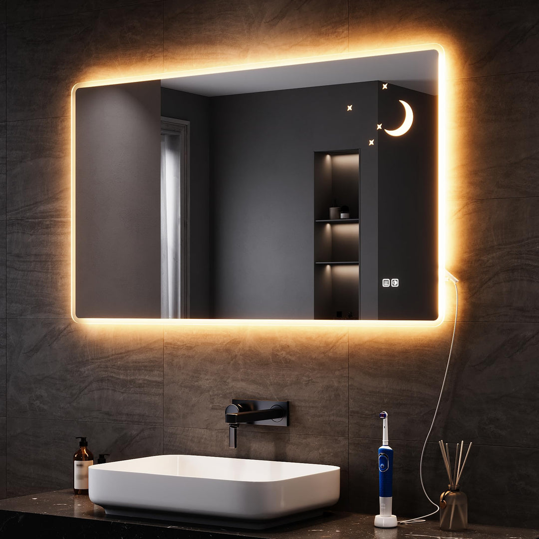 SONNI Badspiegel mit Beleuchtung 120x70 cm, LED Spiegel mit Touch-Schalter, Dimmbar, Beschlagfrei, 3