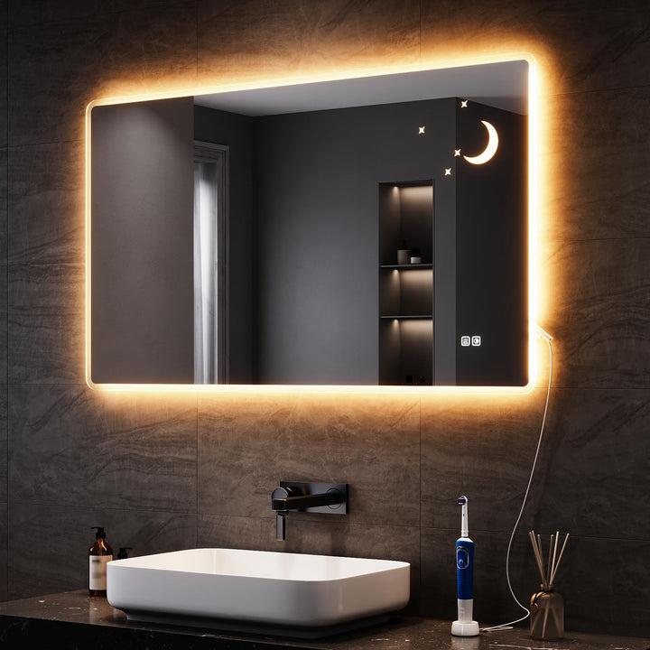 SONNI Badspiegel mit Beleuchtung 120x70 cm, LED Spiegel mit Touch-Schalter, Dimmbar, Beschlagfrei, 3