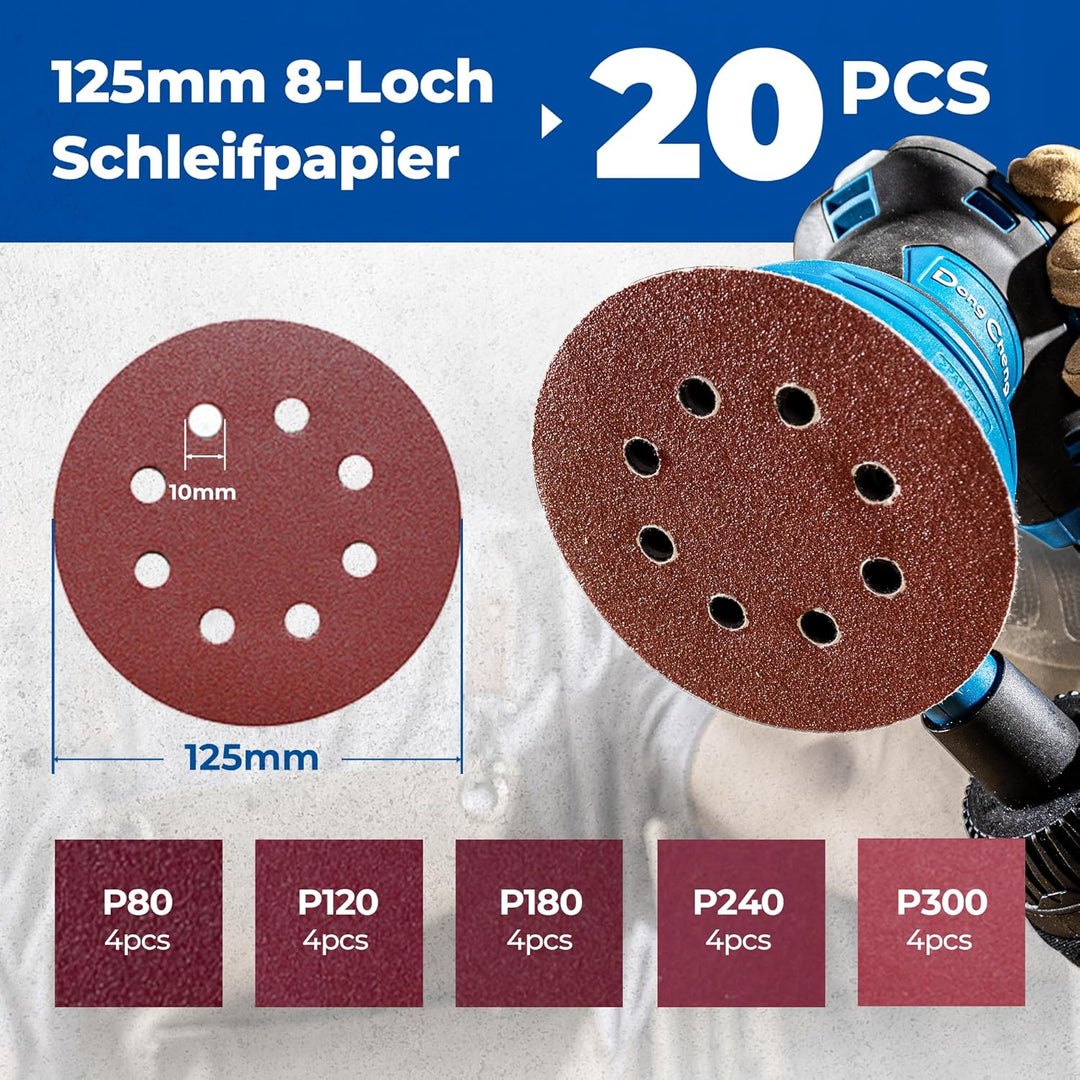 DongCheng Exzenterschleifer 380W, 125mm Schleifmaschine, 6 Geschwindigkeiten 8,000-12,800 U/min mit