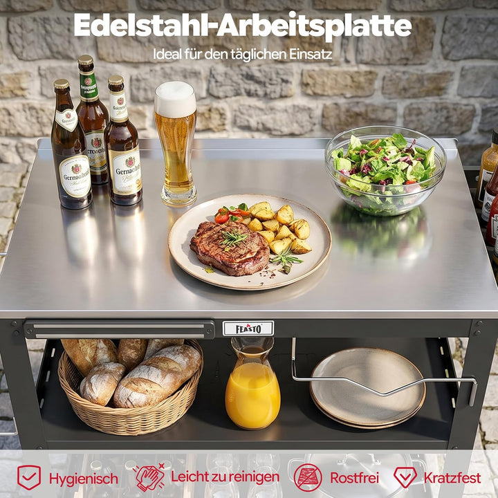 Feasto 3 Etagen Grillwagen mit Edelstahlplatte, Mobile Grilltisch mit Gewürzregal & Magnetleiste, Ou