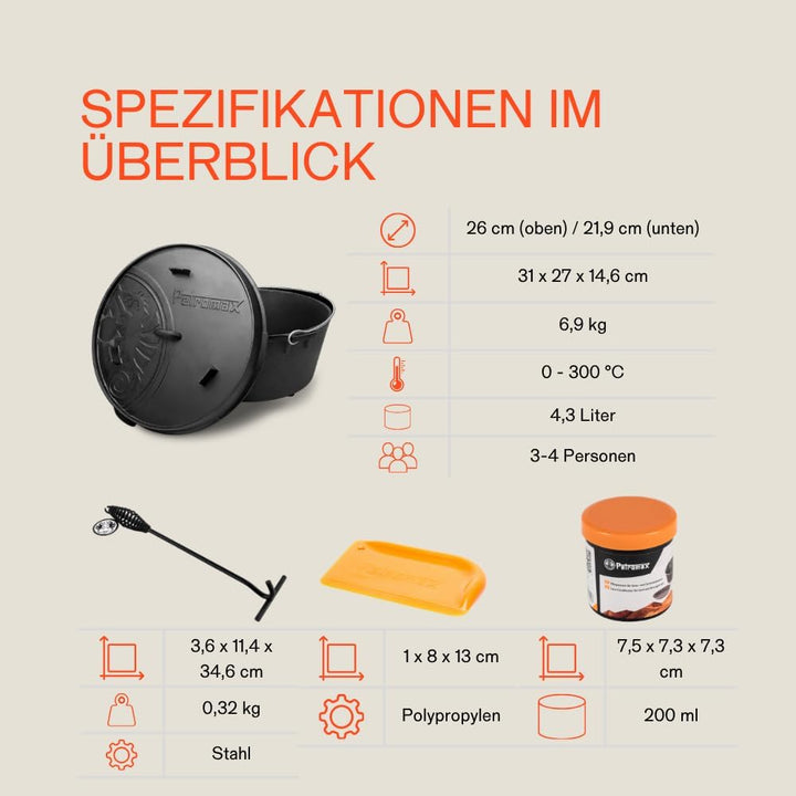 Petromax Feuertopf ft4,5-t Einsteiger-Set - Dutch Oven mit Standfüssen inklusive Deckelheber, Pflege