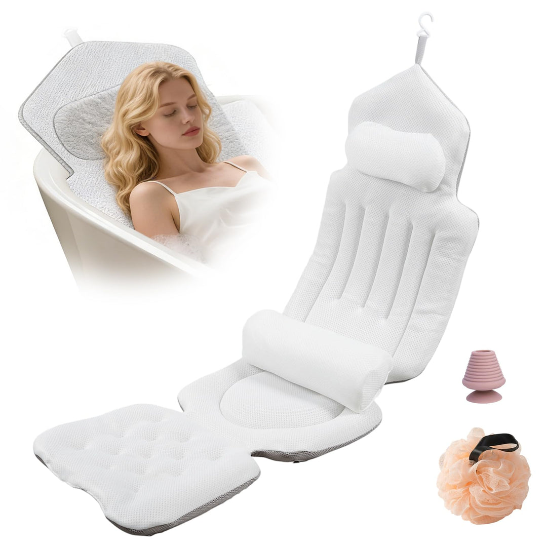 Badewannenmatte Ganzkörper mit Kissen, Badewannenkissen Ganzkörper 134x41cm, 4D Badekissen mit Kopfs