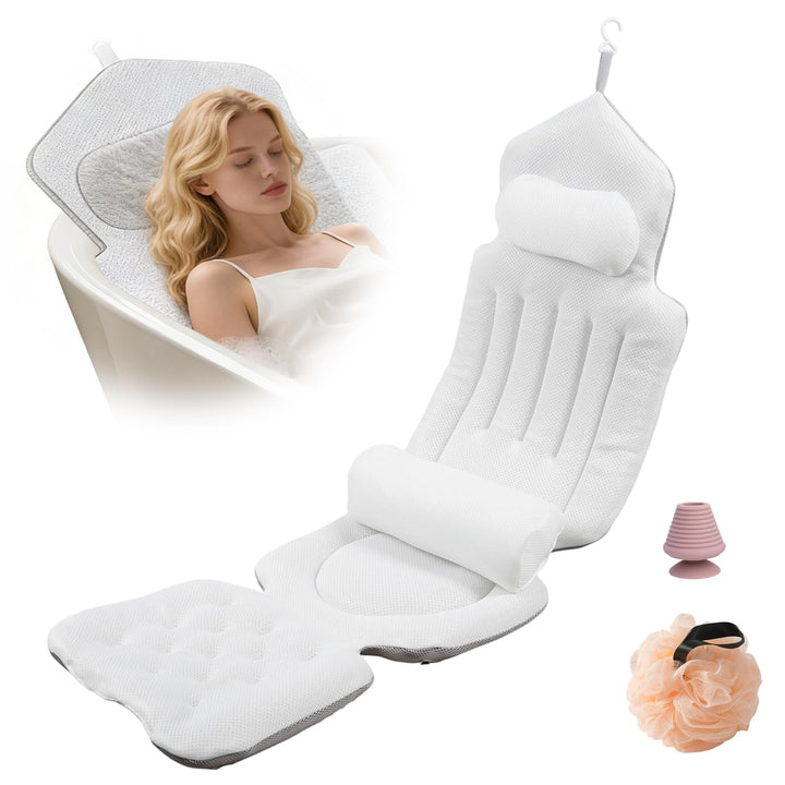 Badewannenmatte Ganzkörper mit Kissen, Badewannenkissen Ganzkörper 134x41cm, 4D Badekissen mit Kopfs