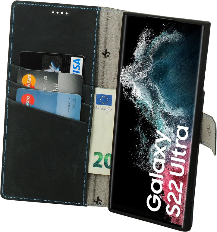 Suncase Book-Style Hülle kompatibel mit Samsung Galaxy S22 Ultra 5G Leder Tasche (Slim-Fit) Lederhül