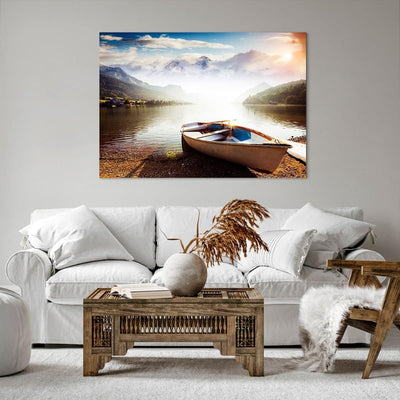 Bilder auf Leinwand 100x70cm Leinwandbild mit Rahmen Berge See Boot Gross Wanddeko Bild Schlafzimmer