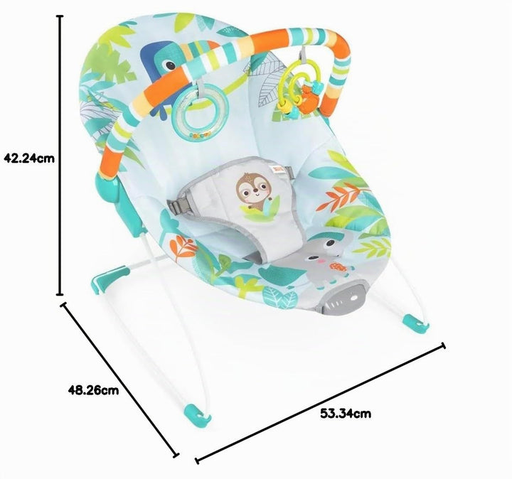 Bright Starts, Rainforest Vibes Wippe mit Vibrationen, Spielbogen, 2 Spielzeugen, Sicherheitsgurt un