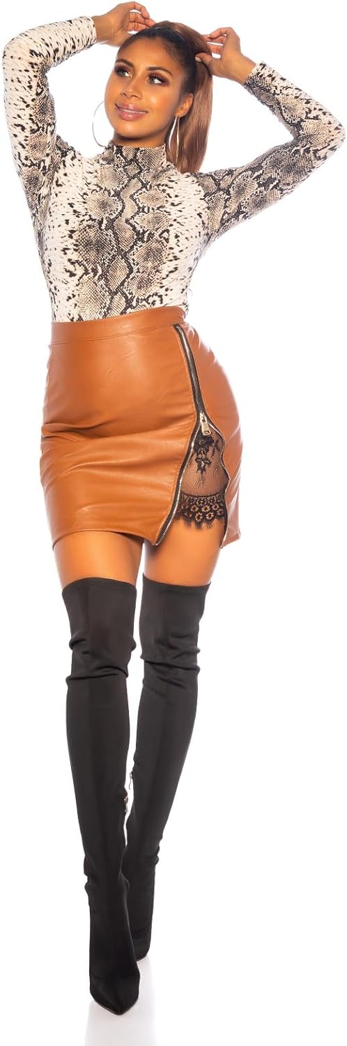 Koucla Rock Lederlook Leder- Kunstleder Optik High Waist Minirock mit Schlitz und Spitze S Braun, S