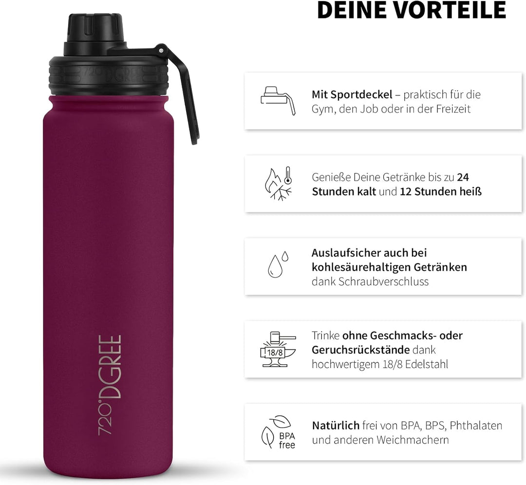 720°DGREE Edelstahl Thermo Trinkflasche 710ml “noLimit” +Früchtebehälter - Auslaufsicher, Kohlensäur