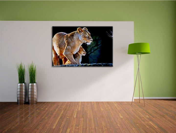 Dark Löwenmutter mit Jungtier Deluxe Format: 100x70 cm auf Leinwand, XXL riesige Bilder fertig gerah