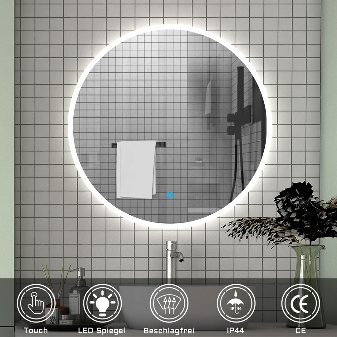 Aica Sanitär LED Badspiegel rund 70 cm Touch Beschlagfrei Wandspiegel mit Beleuchtung Lichtspiegel A