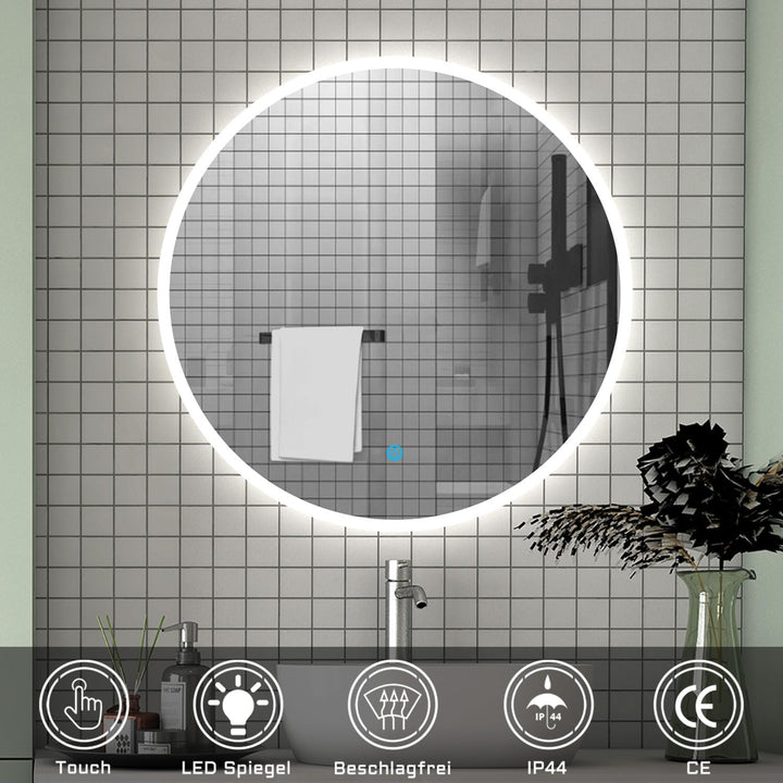 Aica Sanitär LED Badspiegel rund 70 cm Touch Beschlagfrei Wandspiegel mit Beleuchtung Lichtspiegel A