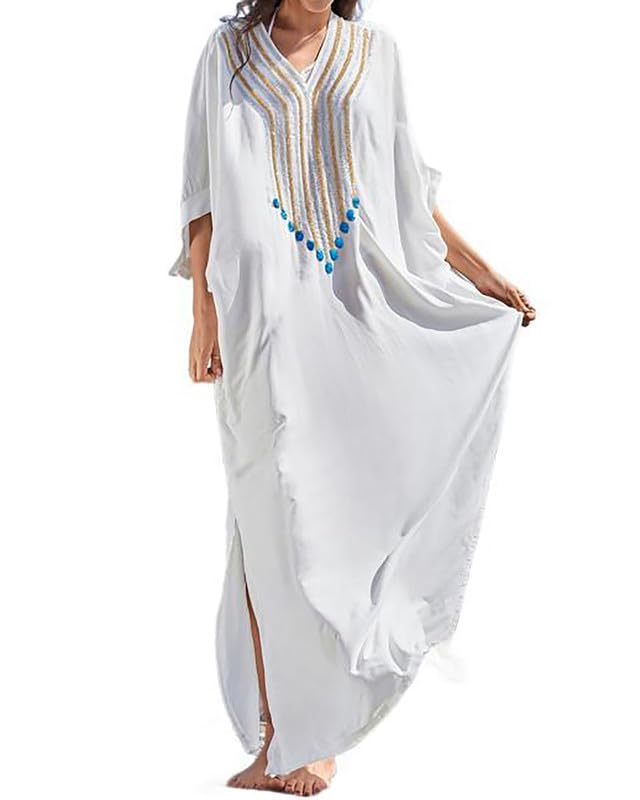 Bsubseach Damen Stickerei Kurzarm Bikini Strandkleid Side Split Beach Kaftan Kleid Ff-weiss, Ff-wei&