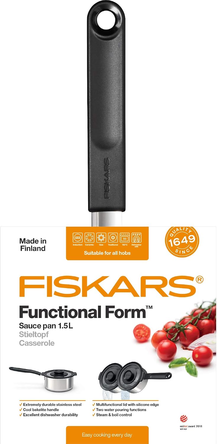 Fiskars Stieltopf mit Deckel, Füllmenge: 1,5 Liter, Für alle Kochfelder geeignet, Rostfreier Edelsta