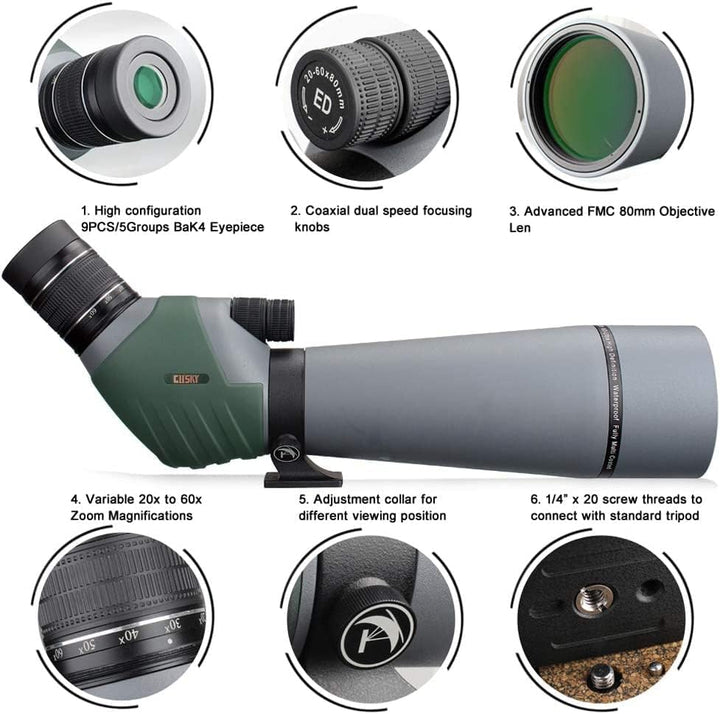 Gosky ED Spektiv mit Doppelter Fokussierung 20-60x 80mm mit Smartphone-Adapter, Spektive mit Extra G